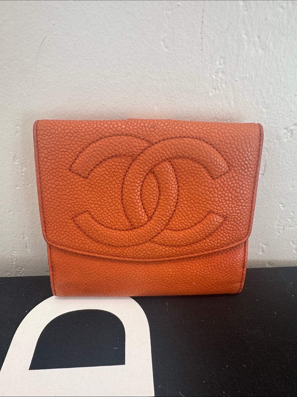 CHANEL Orange Quilted CC Caviar Leather Wallet